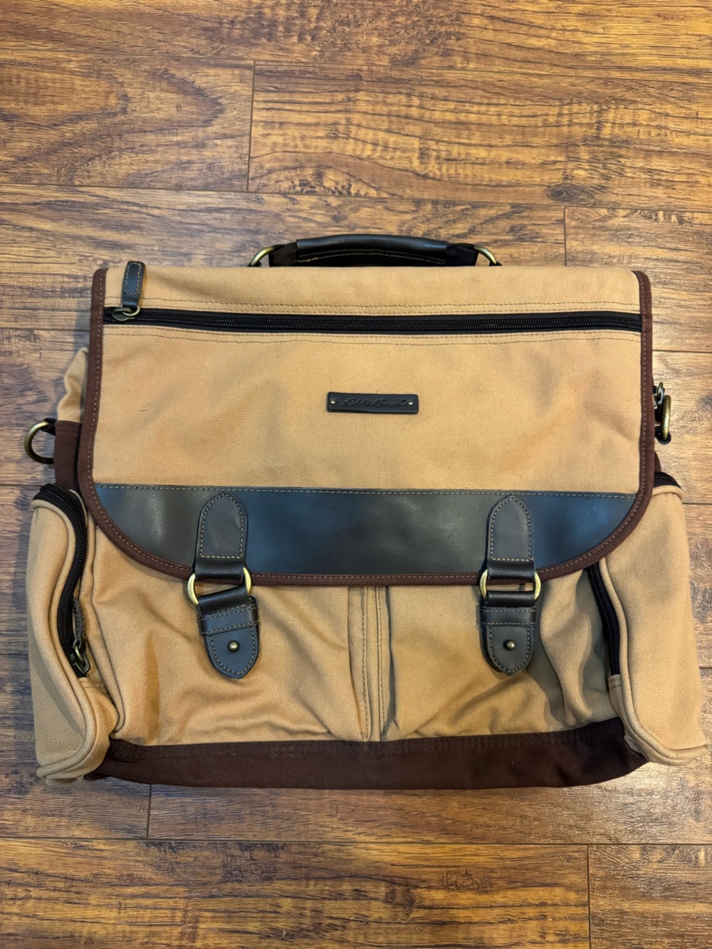 Vintage Eddie Bauer Tan Canvas Laptop Briefcase with Dark Brown Accents